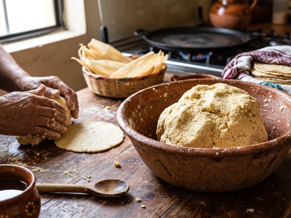Fresh masa being shaped into tortillas in a traditional kitchen